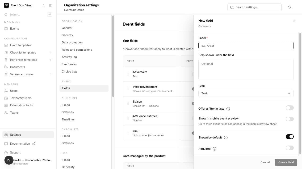 New field panel beside Event → Fields settings, showing the label, type and display options.