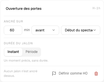 Dans le détail du jalon Ouverture des portes, l’écart est réglé à 60 minutes avant Début du spectacle.